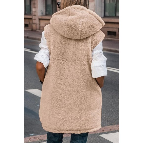 Women's Reversible Fleece Vest Sleeveless Hoodie Pockets Fall Winter Coat - Picture 3 of 6